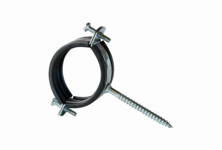 Two-screw pipe clamp with wood screw and rubber lining